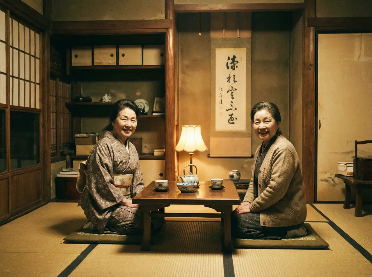 两位优雅的 群p 在日式茶室中品茶交谈